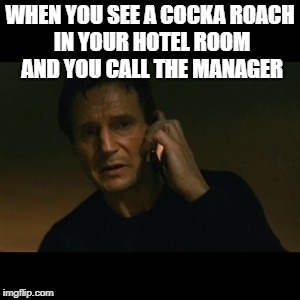 Liam Neeson Taken Meme | WHEN YOU SEE A COCKA
ROACH IN YOUR HOTEL ROOM AND YOU CALL THE MANAGER | image tagged in memes,liam neeson taken | made w/ Imgflip meme maker