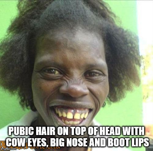 PUBIC HAIR ON TOP OF HEAD WITH COW EYES, BIG NOSE AND BOOT LIPS | made w/ Imgflip meme maker