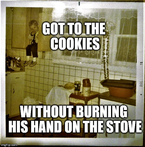 shelved toddler | GOT TO THE COOKIES WITHOUT BURNING HIS HAND ON THE STOVE | image tagged in shelved toddler | made w/ Imgflip meme maker