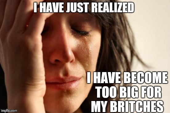 First World Problems Meme | I HAVE JUST REALIZED; I HAVE BECOME TOO BIG FOR MY BRITCHES | image tagged in memes,first world problems | made w/ Imgflip meme maker