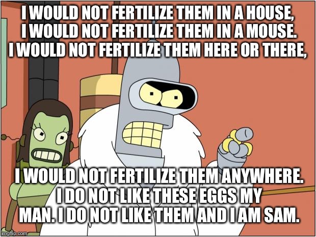 TWO EGGS?!?!? | I WOULD NOT FERTILIZE THEM IN A HOUSE, I WOULD NOT FERTILIZE THEM IN A MOUSE. I WOULD NOT FERTILIZE THEM HERE OR THERE, I WOULD NOT FERTILIZE THEM ANYWHERE. I DO NOT LIKE THESE EGGS MY MAN. I DO NOT LIKE THEM AND I AM SAM. | image tagged in memes,bender | made w/ Imgflip meme maker