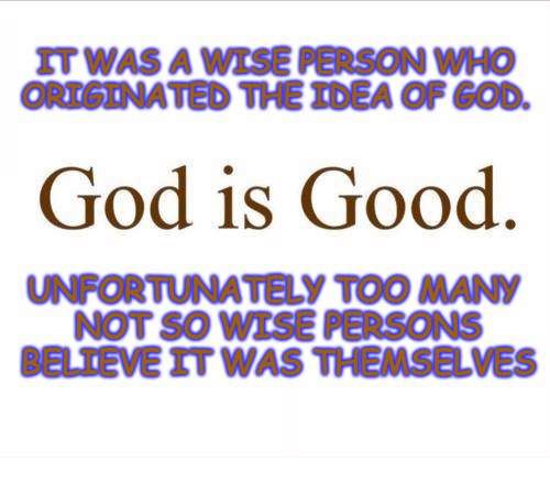 Who is this god person anyway? | IT WAS A WISE PERSON WHO ORIGINATED THE IDEA OF GOD. UNFORTUNATELY TOO MANY NOT SO WISE PERSONS BELIEVE IT WAS THEMSELVES | image tagged in god,stupid,wise | made w/ Imgflip meme maker