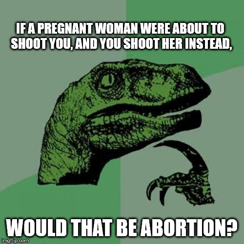 Philosoraptor Meme | IF A PREGNANT WOMAN WERE ABOUT TO SHOOT YOU, AND YOU SHOOT HER INSTEAD, WOULD THAT BE ABORTION? | image tagged in memes,philosoraptor | made w/ Imgflip meme maker