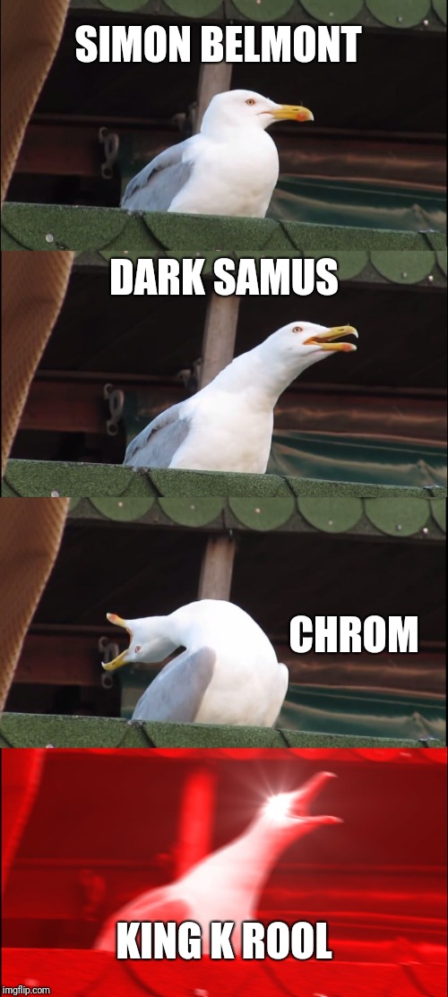 Inhaling Seagull | SIMON BELMONT; DARK SAMUS; CHROM; KING K ROOL | image tagged in memes,inhaling seagull | made w/ Imgflip meme maker