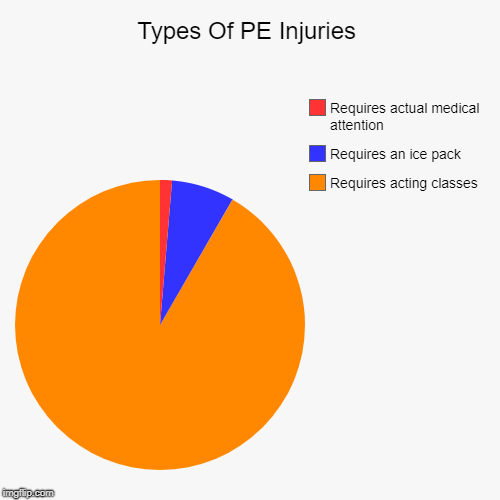 Types Of PE Injuries | Requires acting classes, Requires an ice pack, Requires actual medical attention | image tagged in funny,pie charts,injuries,school,class,fail | made w/ Imgflip chart maker