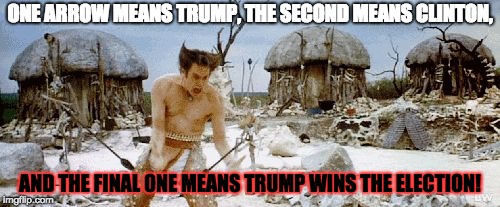 The Agony and Horror of Two Evils | ONE ARROW MEANS TRUMP, THE SECOND MEANS CLINTON, AND THE FINAL ONE MEANS TRUMP WINS THE ELECTION! | image tagged in jim carrey,election 2016,memes,donald trump,hillary clinton | made w/ Imgflip meme maker