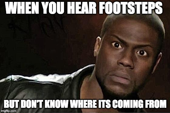 Kevin Hart Meme | WHEN YOU HEAR FOOTSTEPS; BUT DON'T KNOW WHERE ITS COMING FROM | image tagged in memes,kevin hart | made w/ Imgflip meme maker
