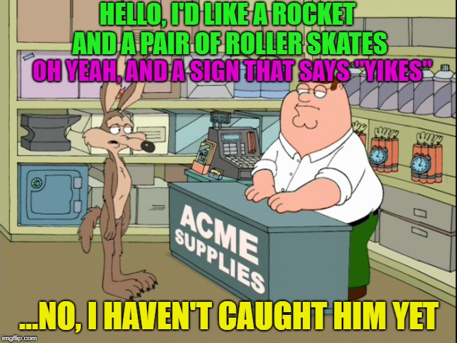 Now that's funny | HELLO, I'D LIKE A ROCKET AND A PAIR OF ROLLER SKATES; OH YEAH, AND A SIGN THAT SAYS "YIKES"; ...NO, I HAVEN'T CAUGHT HIM YET | image tagged in memes,funny,wile e coyote,roadrunner | made w/ Imgflip meme maker