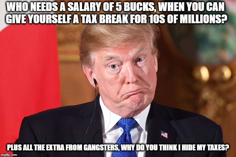 Trump dumbfounded | WHO NEEDS A SALARY OF 5 BUCKS, WHEN YOU CAN GIVE YOURSELF A TAX BREAK FOR 10S OF MILLIONS? PLUS ALL THE EXTRA FROM GANGSTERS, WHY DO YOU THI | image tagged in trump dumbfounded | made w/ Imgflip meme maker