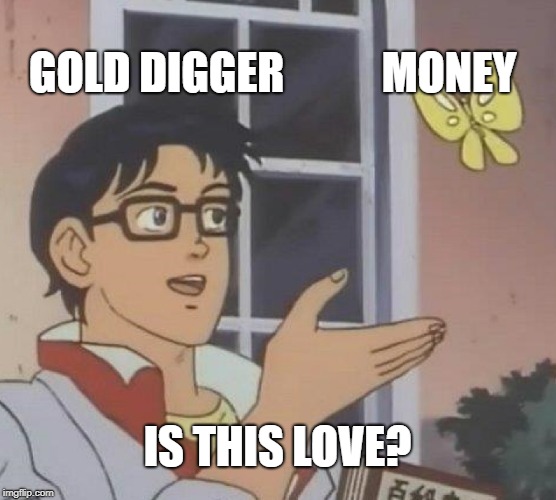 Is This A Pigeon Meme | GOLD DIGGER MONEY IS THIS LOVE? | image tagged in memes,is this a pigeon | made w/ Imgflip meme maker