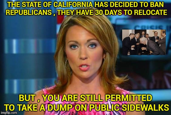 And you thought smog smells bad | THE STATE OF CALIFORNIA HAS DECIDED TO BAN REPUBLICANS , THEY HAVE 30 DAYS TO RELOCATE; BUT , YOU ARE STILL PERMITTED TO TAKE A DUMP ON PUBLIC SIDEWALKS | image tagged in real news network,california,crazy,i want to believe,arrogance,celebs | made w/ Imgflip meme maker