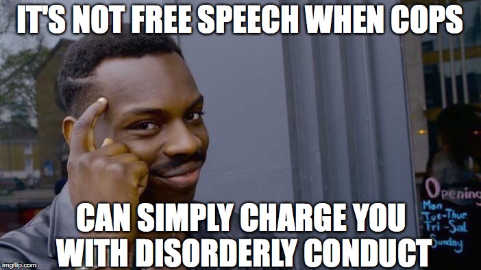 Roll Safe Think About It Meme | IT'S NOT FREE SPEECH WHEN COPS; CAN SIMPLY CHARGE YOU WITH DISORDERLY CONDUCT | image tagged in memes,roll safe think about it | made w/ Imgflip meme maker