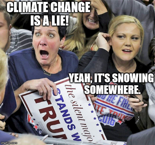 Trump supporters mentality | CLIMATE CHANGE IS A LIE! YEAH, IT'S SNOWING SOMEWHERE. | image tagged in trump supporters,trump,climate change,science | made w/ Imgflip meme maker