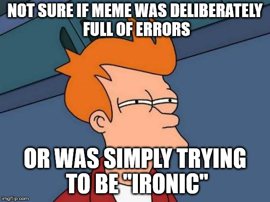 Futurama Fry Meme | NOT SURE IF MEME WAS DELIBERATELY FULL OF ERRORS OR WAS SIMPLY TRYING TO BE "IRONIC" | image tagged in memes,futurama fry | made w/ Imgflip meme maker
