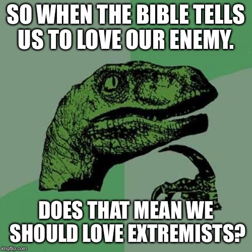 Philosoraptor | SO WHEN THE BIBLE TELLS US TO LOVE OUR ENEMY. DOES THAT MEAN WE SHOULD LOVE EXTREMISTS? | image tagged in memes,philosoraptor | made w/ Imgflip meme maker