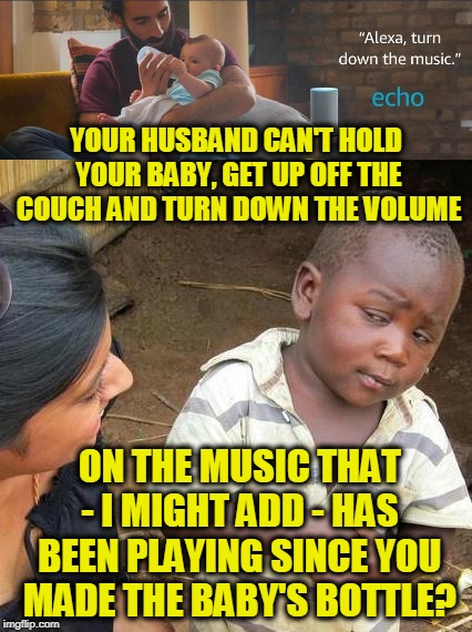 Alexa Users are Lazy | YOUR HUSBAND CAN'T HOLD YOUR BABY, GET UP OFF THE COUCH AND TURN DOWN THE VOLUME; ON THE MUSIC THAT - I MIGHT ADD - HAS BEEN PLAYING SINCE YOU MADE THE BABY'S BOTTLE? | image tagged in alexa lazy | made w/ Imgflip meme maker