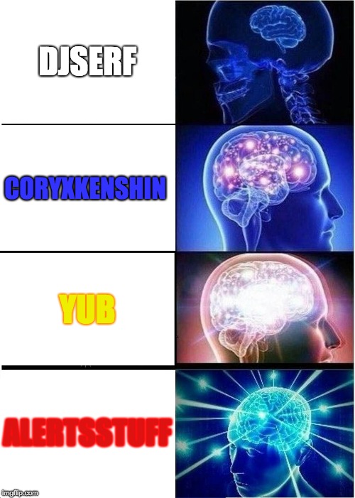 Expanding Brain | DJSERF; CORYXKENSHIN; YUB; ALERTSSTUFF | image tagged in memes,expanding brain | made w/ Imgflip meme maker