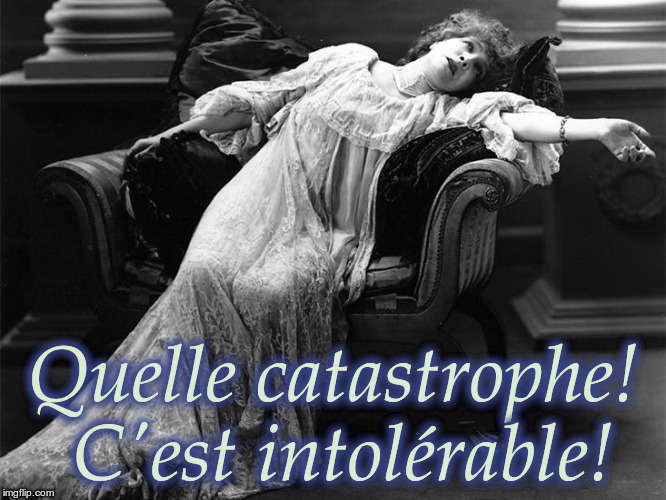 Quelle catastrophe! C'est intolérable!  (What a catastrophe!  It is intolerable!) Sarcasm; Drama Queen | Quelle catastrophe! C'est intolérable! | image tagged in vintage fainting woman,quelle catastrophe,french,sarcasm,francais,c'est intolerable | made w/ Imgflip meme maker