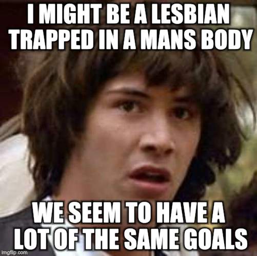 Conspiracy Keanu Meme | I MIGHT BE A LESBIAN TRAPPED IN A MANS BODY; WE SEEM TO HAVE A LOT OF THE SAME GOALS | image tagged in memes,conspiracy keanu | made w/ Imgflip meme maker
