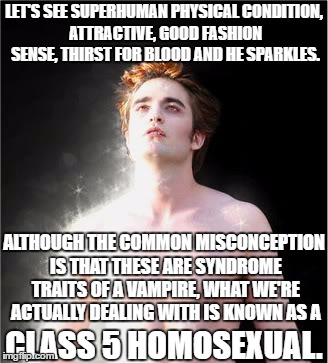 Class 5 Homosexual | LET'S SEE SUPERHUMAN PHYSICAL CONDITION, ATTRACTIVE, GOOD FASHION SENSE, THIRST FOR BLOOD AND HE SPARKLES. ALTHOUGH THE COMMON MISCONCEPTION IS THAT THESE ARE SYNDROME TRAITS OF A VAMPIRE, WHAT WE'RE ACTUALLY DEALING WITH IS KNOWN AS A; CLASS 5 HOMOSEXUAL. | image tagged in edward cullen sparkle | made w/ Imgflip meme maker