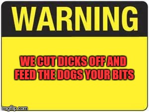 blank warning sign | WE CUT DICKS OFF AND FEED THE DOGS YOUR BITS | image tagged in blank warning sign | made w/ Imgflip meme maker