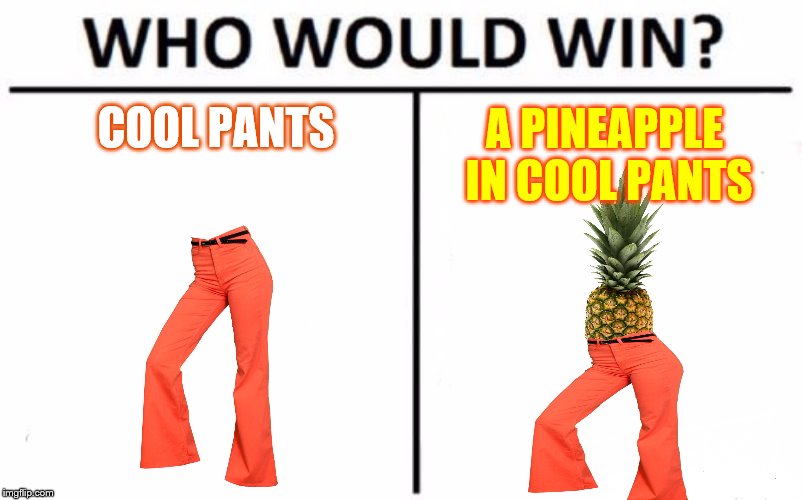 Who Would Win? Meme | COOL PANTS; A PINEAPPLE IN COOL PANTS | image tagged in memes,who would win | made w/ Imgflip meme maker