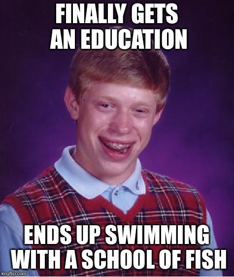 Bad Luck Brian | FINALLY GETS AN EDUCATION; ENDS UP SWIMMING WITH A SCHOOL OF FISH | image tagged in memes,bad luck brian | made w/ Imgflip meme maker