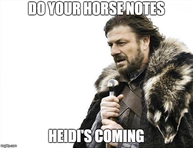 Brace Yourselves X is Coming Meme | DO YOUR HORSE NOTES; HEIDI'S COMING | image tagged in memes,brace yourselves x is coming | made w/ Imgflip meme maker