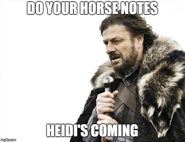 Brace Yourselves X is Coming | DO YOUR HORSE NOTES; HEIDI'S COMING | image tagged in memes,brace yourselves x is coming | made w/ Imgflip meme maker