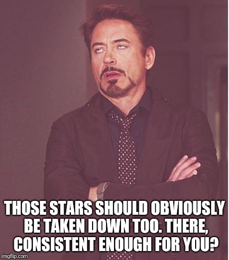 Face You Make Robert Downey Jr Meme | THOSE STARS SHOULD OBVIOUSLY BE TAKEN DOWN TOO. THERE, CONSISTENT ENOUGH FOR YOU? | image tagged in memes,face you make robert downey jr | made w/ Imgflip meme maker