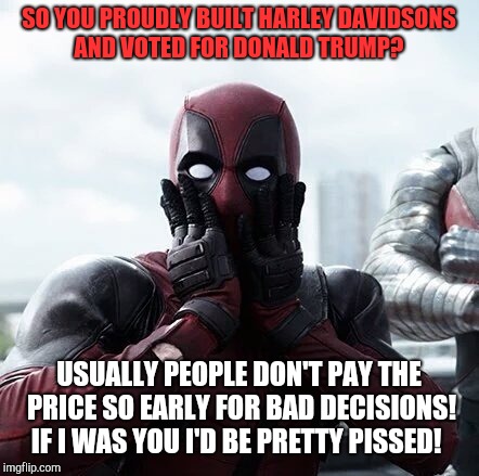 Share this for anyone screwed over by trump and his tariffs!
 | SO YOU PROUDLY BUILT HARLEY DAVIDSONS AND VOTED FOR DONALD TRUMP? USUALLY PEOPLE DON'T PAY THE PRICE SO EARLY FOR BAD DECISIONS! IF I WAS YOU I'D BE PRETTY PISSED! | image tagged in memes,deadpool surprised,harley davidson,tariffs,donald trump | made w/ Imgflip meme maker