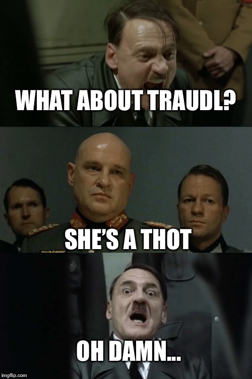 Begonicus thotus | WHAT ABOUT TRAUDL? SHE’S A THOT; OH DAMN... | image tagged in hitler's bunker,thot,memes | made w/ Imgflip meme maker