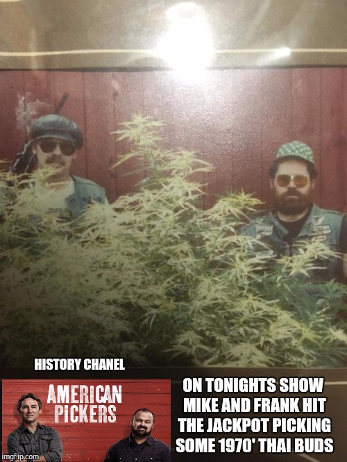 American pickers | HISTORY CHANEL; ON TONIGHTS SHOW MIKE AND FRANK HIT THE JACKPOT PICKING SOME 1970' THAI BUDS | image tagged in funny | made w/ Imgflip meme maker