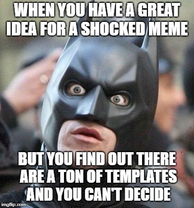 Shocked Batman | WHEN YOU HAVE A GREAT IDEA FOR A SHOCKED MEME; BUT YOU FIND OUT THERE ARE A TON OF TEMPLATES AND YOU CAN'T DECIDE | image tagged in shocked batman | made w/ Imgflip meme maker