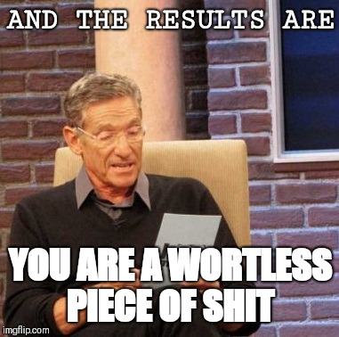 Maury Lie Detector | AND THE RESULTS ARE; YOU ARE A WORTLESS PIECE OF SHIT | image tagged in memes,maury lie detector | made w/ Imgflip meme maker