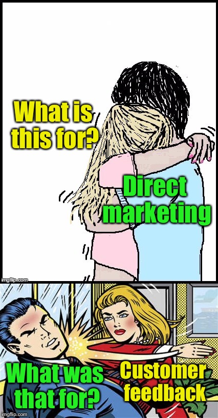 Pretend the characters in both images are the same people | What is this for? Direct marketing; Customer feedback; What was that for? | image tagged in memes,slap,unwanted,sexual harrassment | made w/ Imgflip meme maker