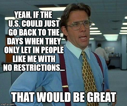 That Would Be Great Meme | YEAH, IF THE U.S. COULD JUST GO BACK TO THE DAYS WHEN THEY ONLY LET IN PEOPLE LIKE ME WITH NO RESTRICTIONS... THAT WOULD BE GREAT | image tagged in memes,that would be great | made w/ Imgflip meme maker