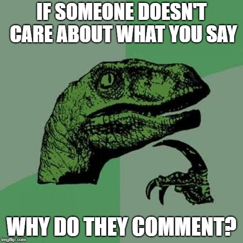 He has a point |  IF SOMEONE DOESN'T CARE ABOUT WHAT YOU SAY; WHY DO THEY COMMENT? | image tagged in memes,philosoraptor,comments,why,someone | made w/ Imgflip meme maker
