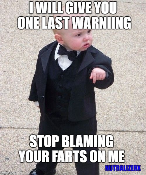 Baby Godfather Meme | I WILL GIVE YOU ONE LAST WARNIING; STOP BLAMING YOUR FARTS ON ME; NUTRALIZERX | image tagged in memes,baby godfather,farts,blame,bad smell | made w/ Imgflip meme maker