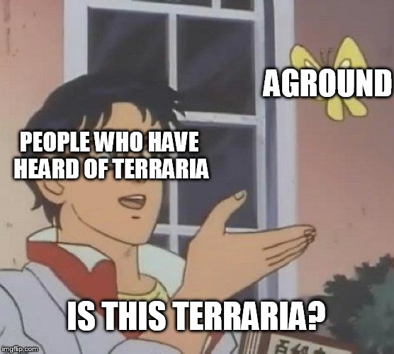 Is This A Pigeon Meme | AGROUND; PEOPLE WHO HAVE HEARD OF TERRARIA; IS THIS TERRARIA? | image tagged in memes,is this a pigeon | made w/ Imgflip meme maker
