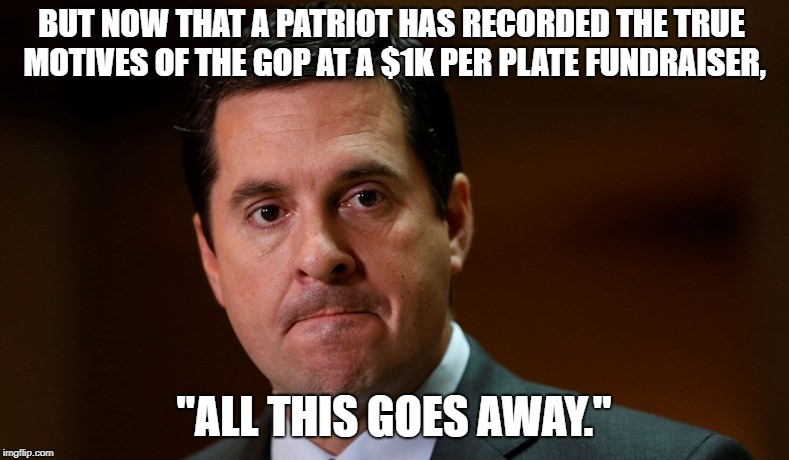 BUT NOW THAT A PATRIOT HAS RECORDED THE TRUE MOTIVES OF THE GOP AT A $1K PER PLATE FUNDRAISER, "ALL THIS GOES AWAY." | image tagged in nunes | made w/ Imgflip meme maker