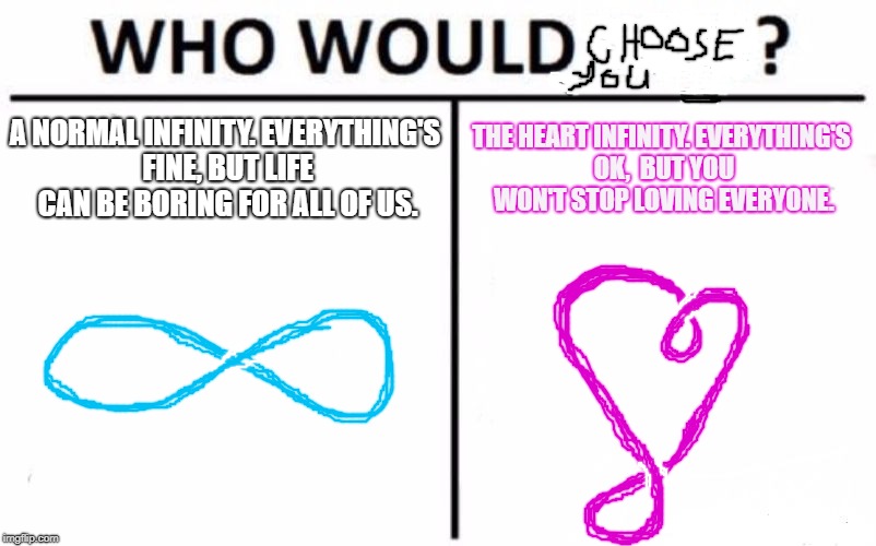 Who Would Win? | A NORMAL INFINITY. EVERYTHING'S FINE, BUT LIFE CAN BE BORING FOR ALL OF US. THE HEART INFINITY. EVERYTHING'S OK,  BUT YOU WON'T STOP LOVING EVERYONE. | image tagged in memes,who would win | made w/ Imgflip meme maker
