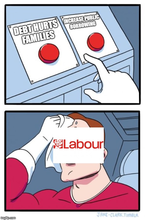 Two Buttons Meme | INCREASE PUBLIC BORROWING; DEBT HURTS FAMILIES | image tagged in memes,two buttons | made w/ Imgflip meme maker
