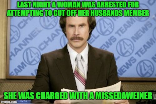 breaking news! | LAST NIGHT A WOMAN WAS ARRESTED FOR ATTEMPTING TO CUT OFF HER HUSBANDS MEMBER; SHE WAS CHARGED WITH A MISSEDAWEINER | image tagged in memes,ron burgundy,pun,joke,funny | made w/ Imgflip meme maker