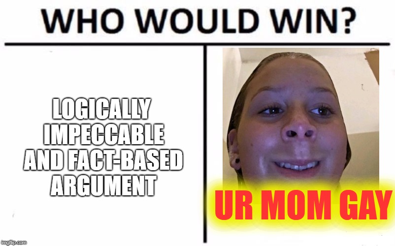 Who Would Win? | LOGICALLY IMPECCABLE AND FACT-BASED ARGUMENT; UR MOM GAY | image tagged in memes,who would win | made w/ Imgflip meme maker