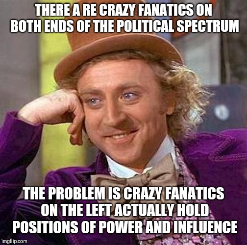 Trump's politics are actually fairly moderate | THERE A RE CRAZY FANATICS ON BOTH ENDS OF THE POLITICAL SPECTRUM; THE PROBLEM IS CRAZY FANATICS ON THE LEFT ACTUALLY HOLD POSITIONS OF POWER AND INFLUENCE | image tagged in memes,creepy condescending wonka | made w/ Imgflip meme maker