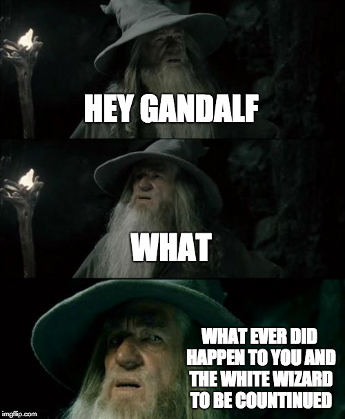 Confused Gandalf Meme | HEY GANDALF; WHAT; WHAT EVER DID HAPPEN TO YOU AND THE WHITE WIZARD TO BE COUNTINUED | image tagged in memes,confused gandalf | made w/ Imgflip meme maker