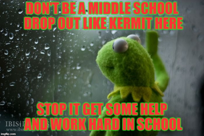 kermit | DON'T BE A MIDDLE SCHOOL DROP OUT LIKE KERMIT HERE; STOP IT GET SOME HELP AND WORK HARD IN SCHOOL | image tagged in kermit window | made w/ Imgflip meme maker