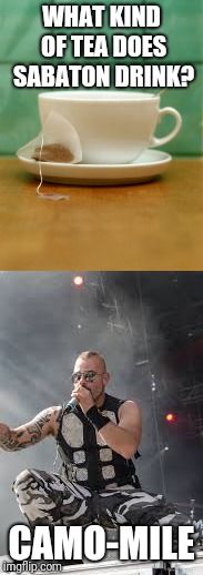 Just for pun. | WHAT KIND OF TEA DOES SABATON DRINK? CAMO-MILE | image tagged in puns,music,heavy metal | made w/ Imgflip meme maker