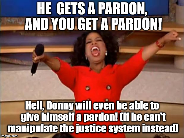 Oprah You Get A Meme | HE  GETS A PARDON, AND YOU GET A PARDON! Hell, Donny will even be able to give himself a pardon! (If he can't manipulate the justice system  | image tagged in memes,oprah you get a | made w/ Imgflip meme maker